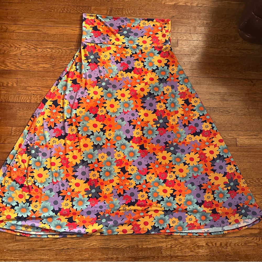 LuLaRoe Colorful Floral Maxi Skirt Wide Waistband Blue Multi Stretchy Slinky
